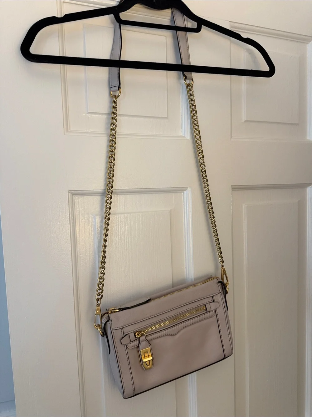 Rebecca Minkoff Neutral Taupe Leather Crossbody Bag with Gold Chain Strap